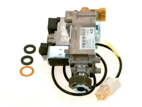 BOSCH Gasarmatur mit mehreren Dichtungen, elektrischen Anschlüssen und einem Metallgehäuse, für den Einsatz in Gasleitungen.